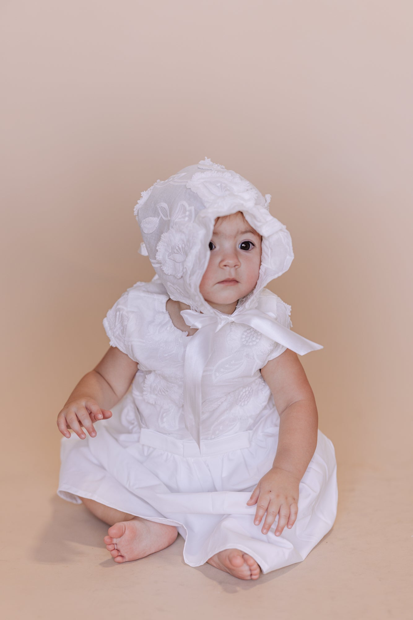 white baby dress with bonnet