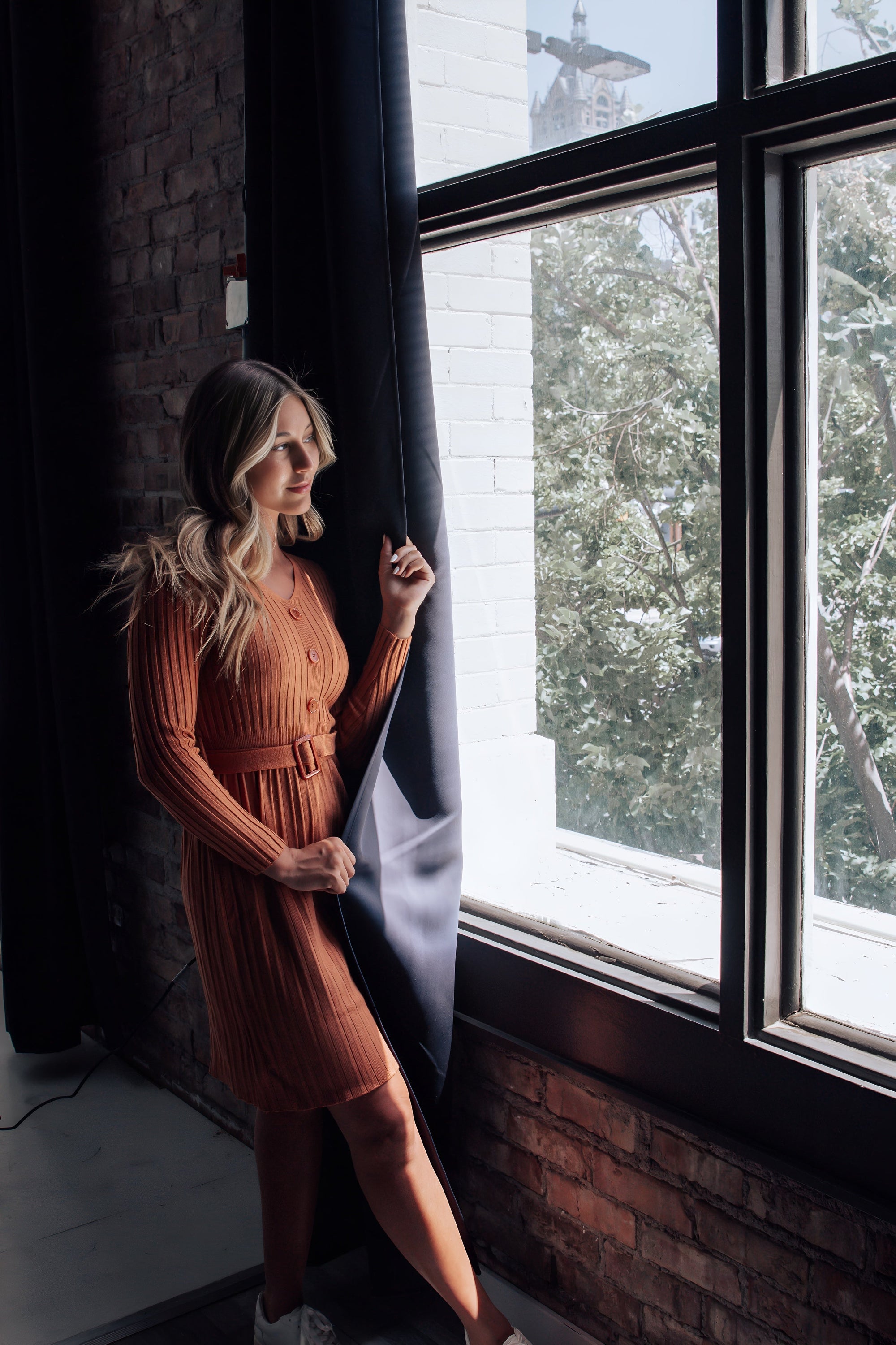 Orange mini sweater dress