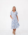 Blue Floral Midi Dress Pockets