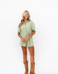 Women's Shorts And Button Up Top in Sage Green