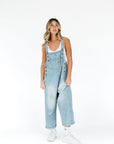 wide leg denim overalls light wash