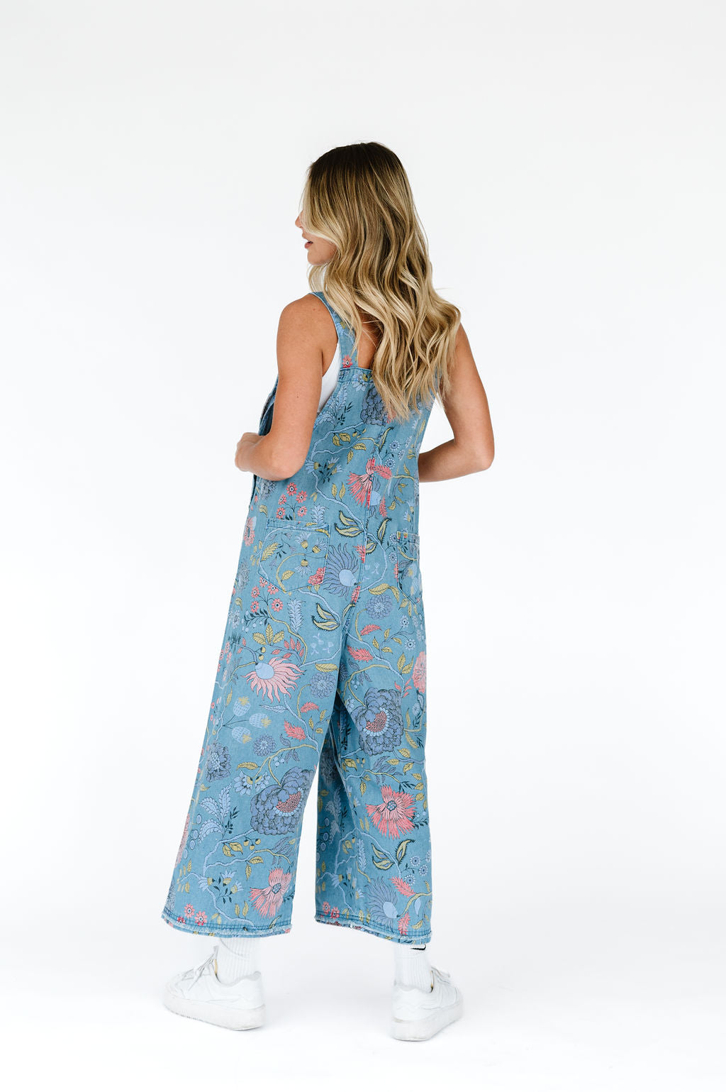 Floral best sale denim jumpsuit