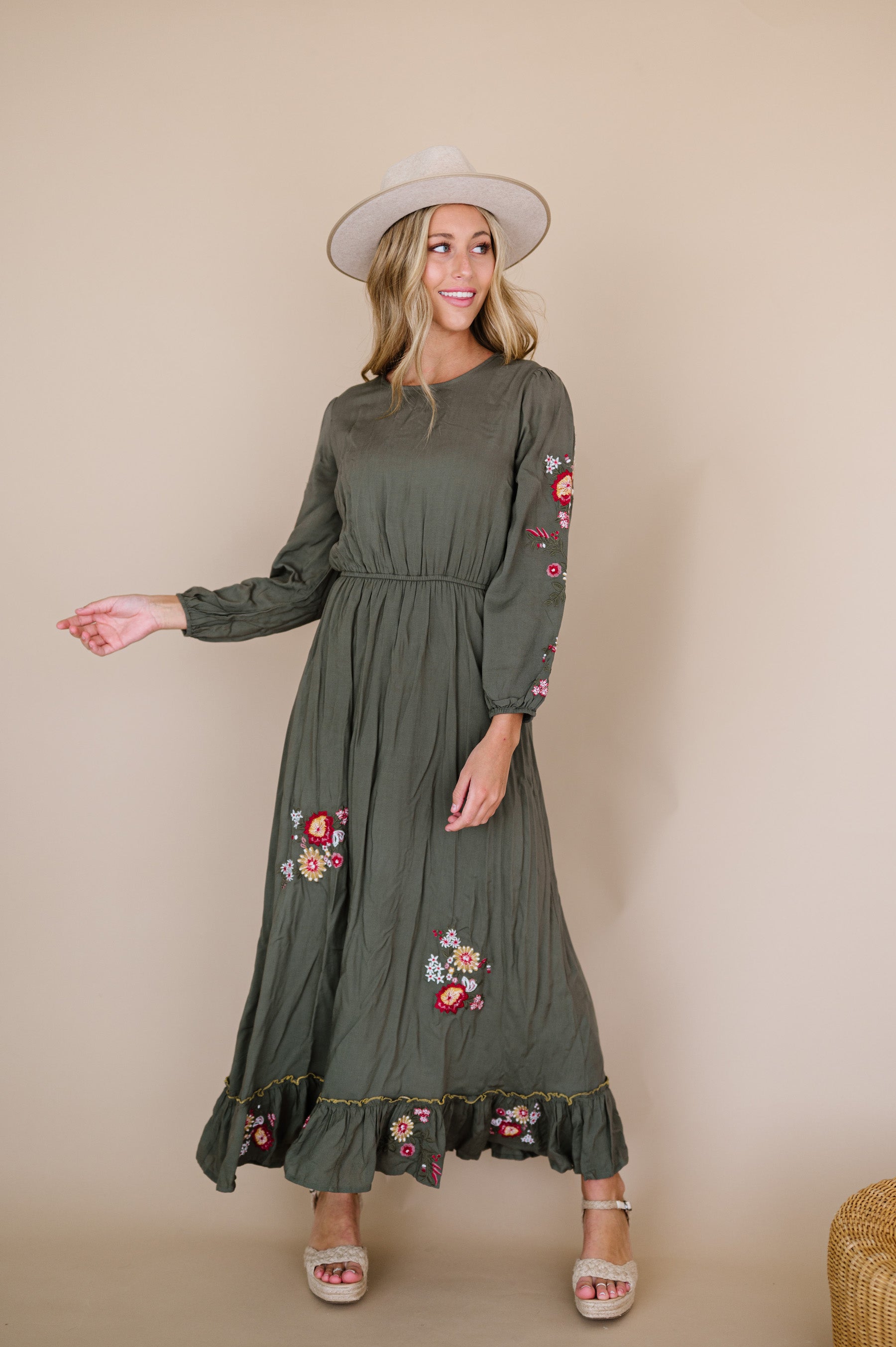 Olive floral maxi dress sale